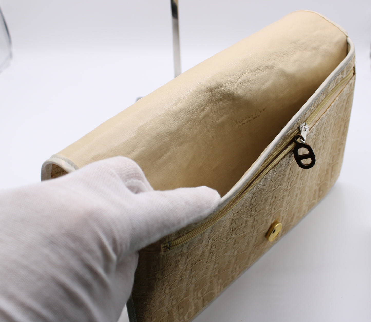 Christian Dior Monogram Canvas Clutch Bag Beige Cream Color open view