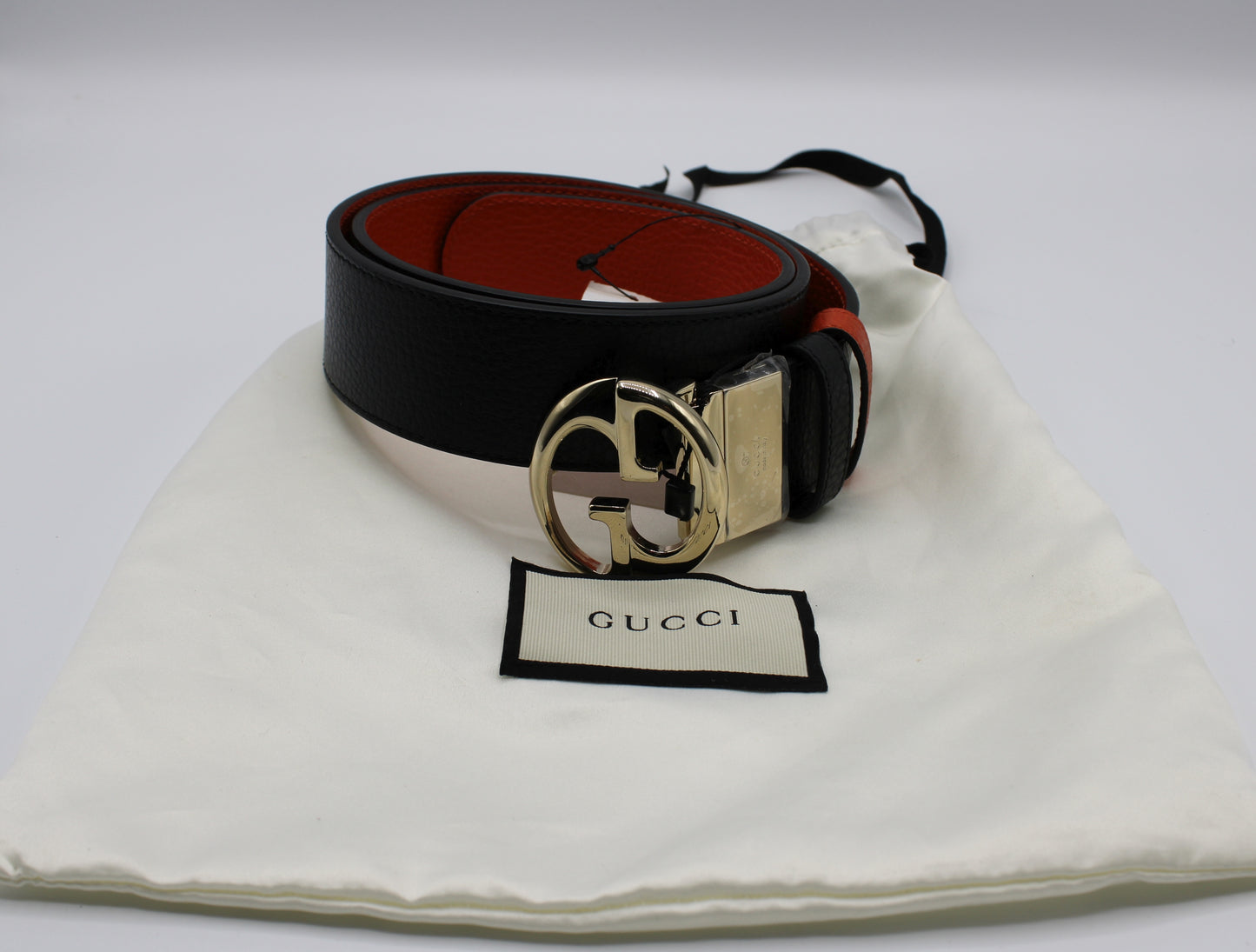 Gucci 1973 Reversible Belt Black Orange Calfskin Leather Dust Bag