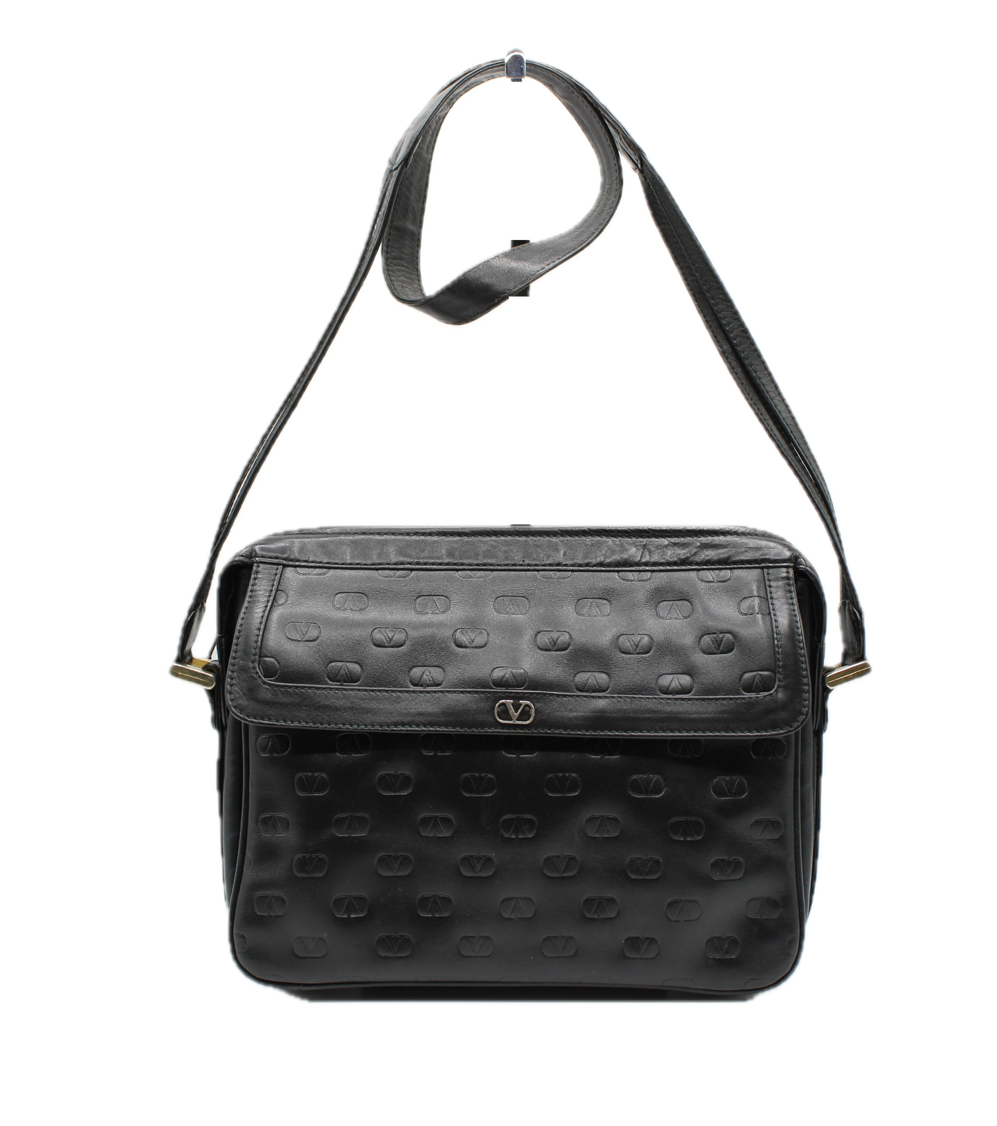 Valentino Black Lambskin Crossbody Bag Embossed V Pattern front view