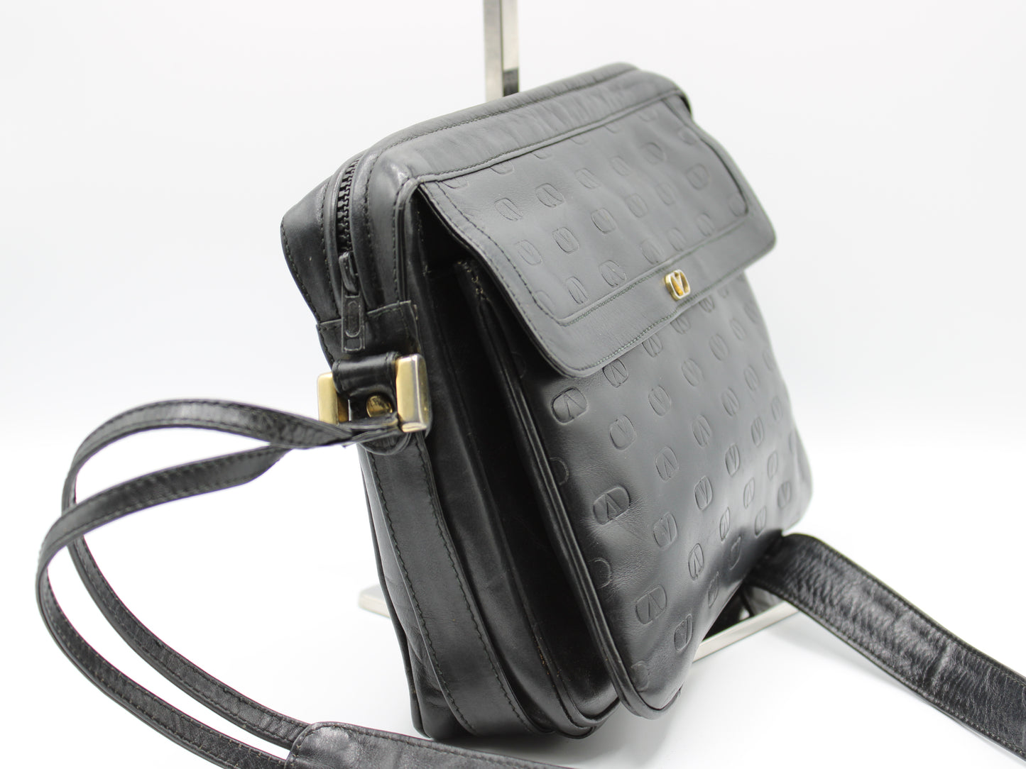 Valentino Black Lambskin Crossbody Bag Embossed V Pattern side view