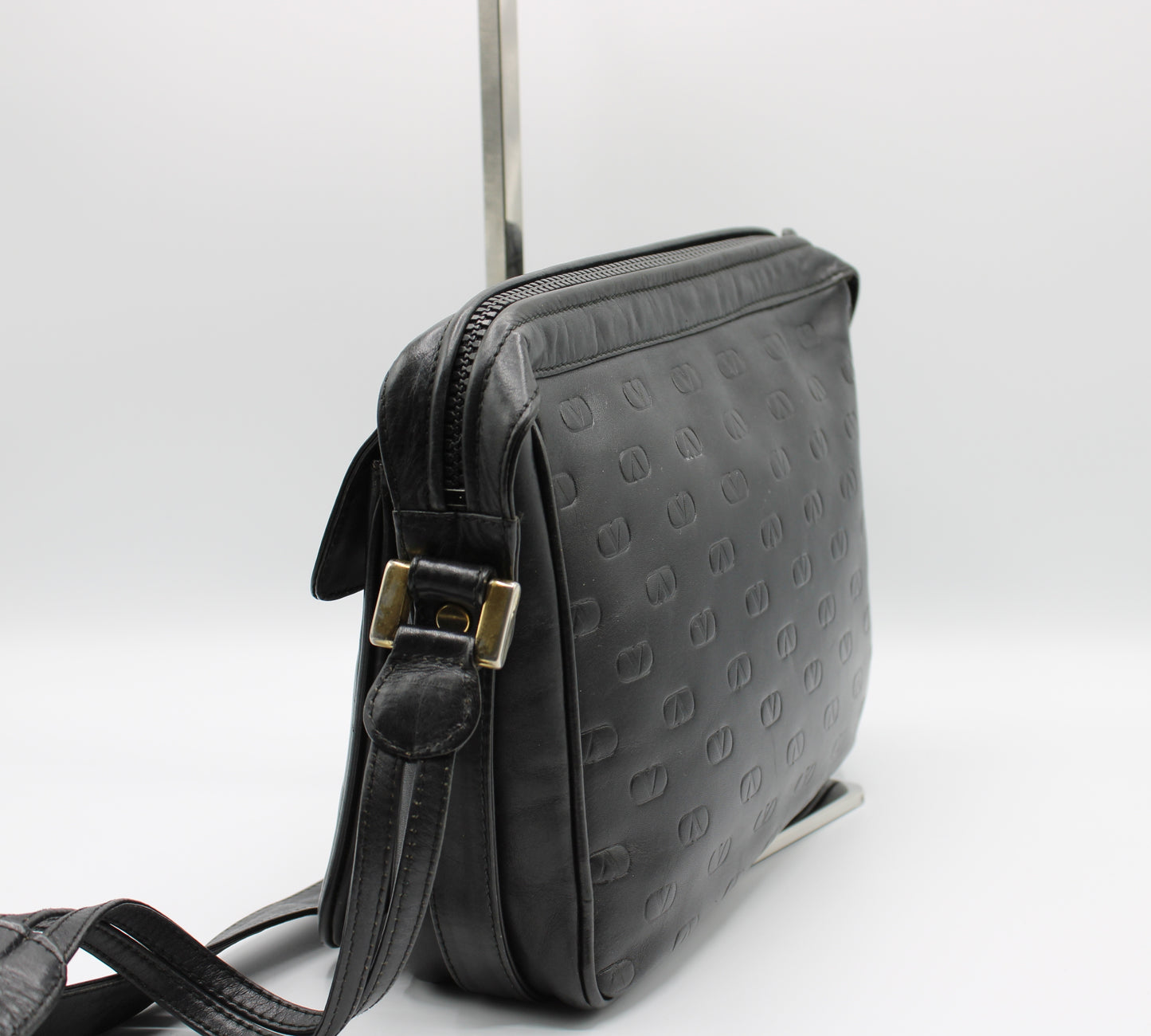Valentino Black V Embossed Lambskin Leather Crossbody Bag Vintage