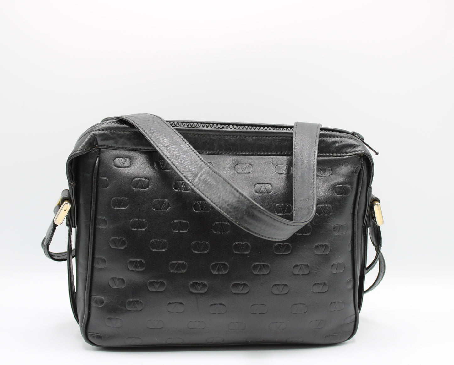 Valentino Black Lambskin Crossbody Bag Embossed V Pattern back view