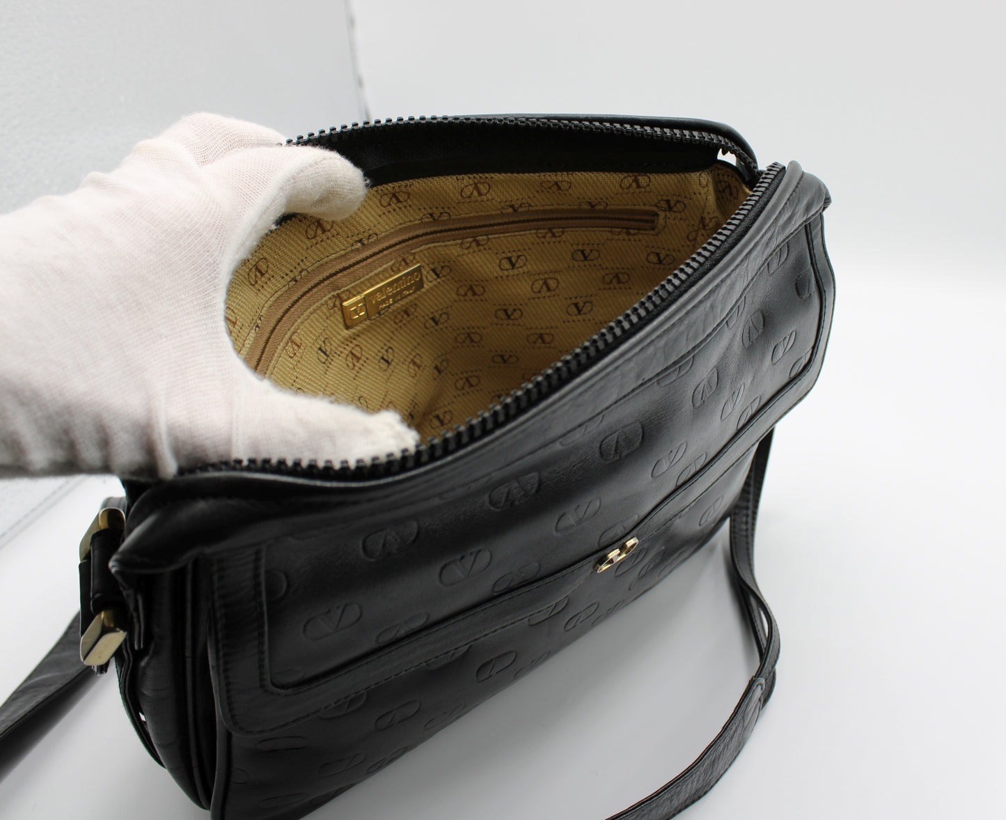 Valentino Black V Embossed Lambskin Leather Crossbody Bag Vintage