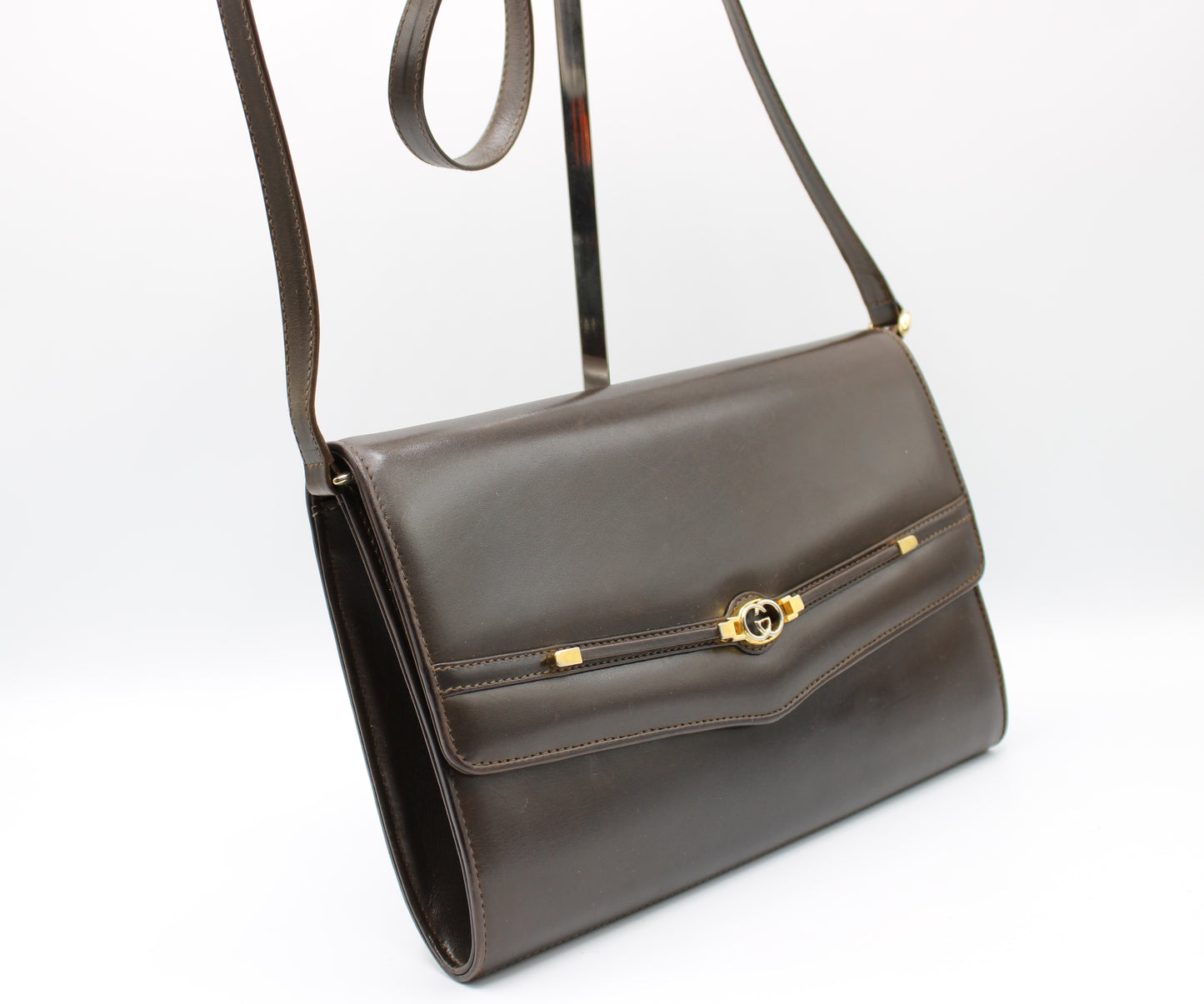 Gucci Dark Brown Leather Crossbody Bag GG Logo Vintage