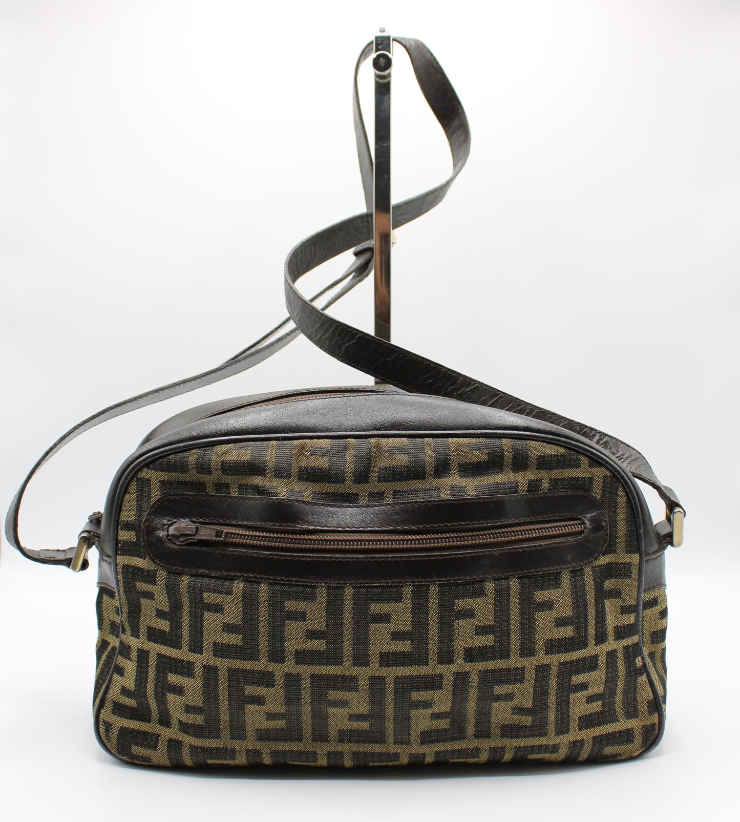 Fendi Zucca Pattern Crossbody Bag Leather Trim Front Pocket Vintage