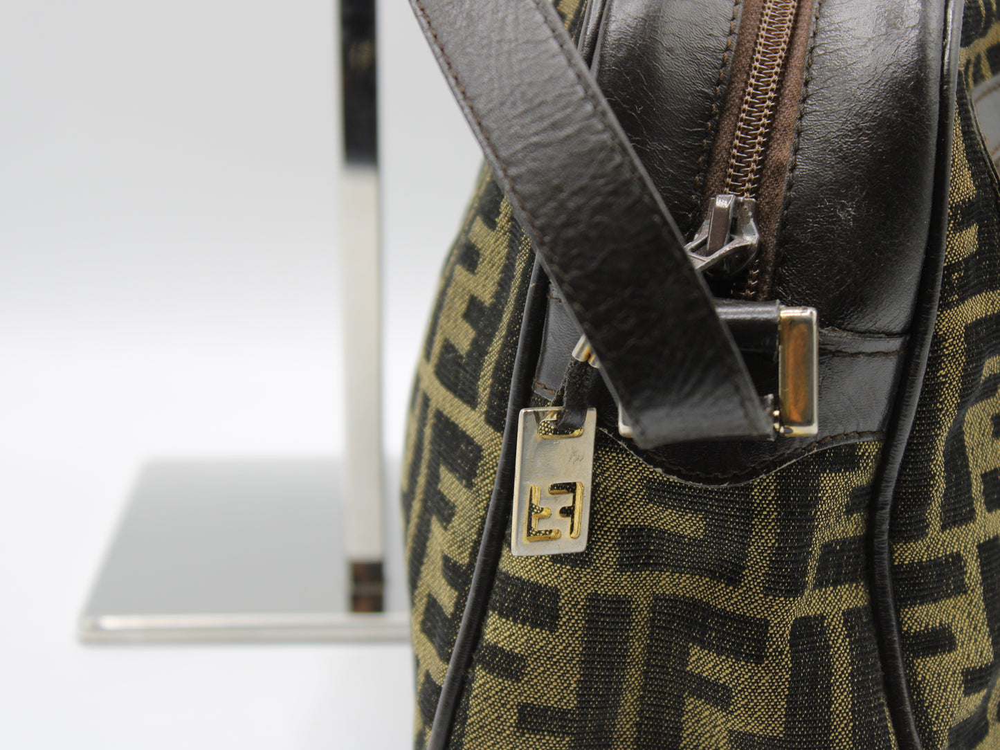 Fendi Zucca Pattern Crossbody Bag Leather Trim Front Pocket Vintage
