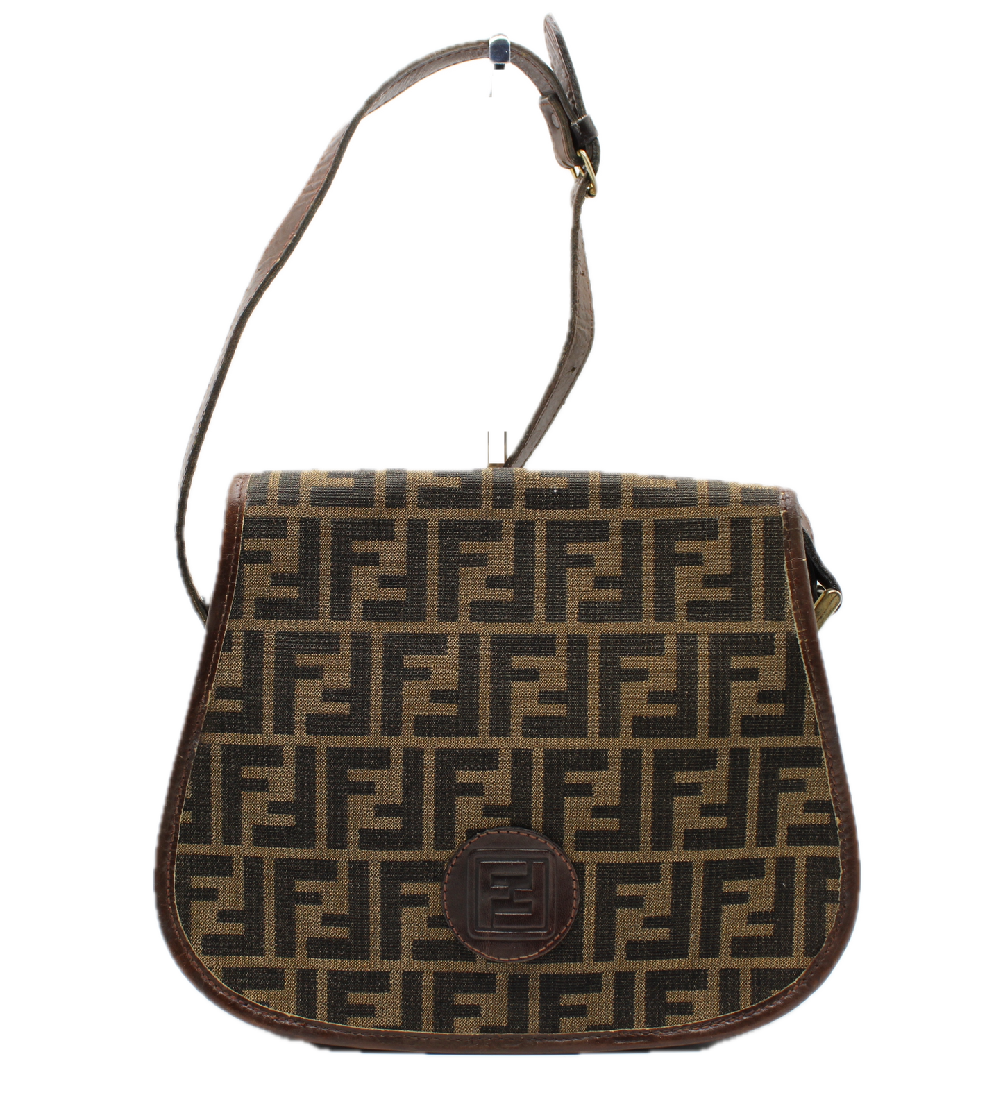 Fendi Double F Brown Cloth Leather Trim Crossbody Bag front