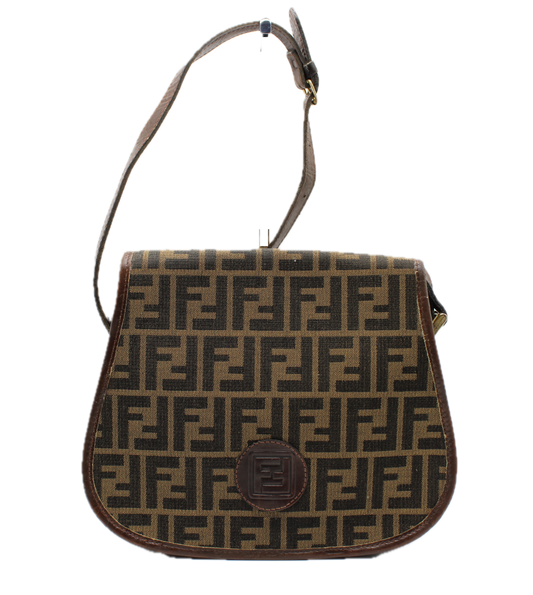 Fendi Double F Brown Cloth Leather Trim Crossbody Bag front