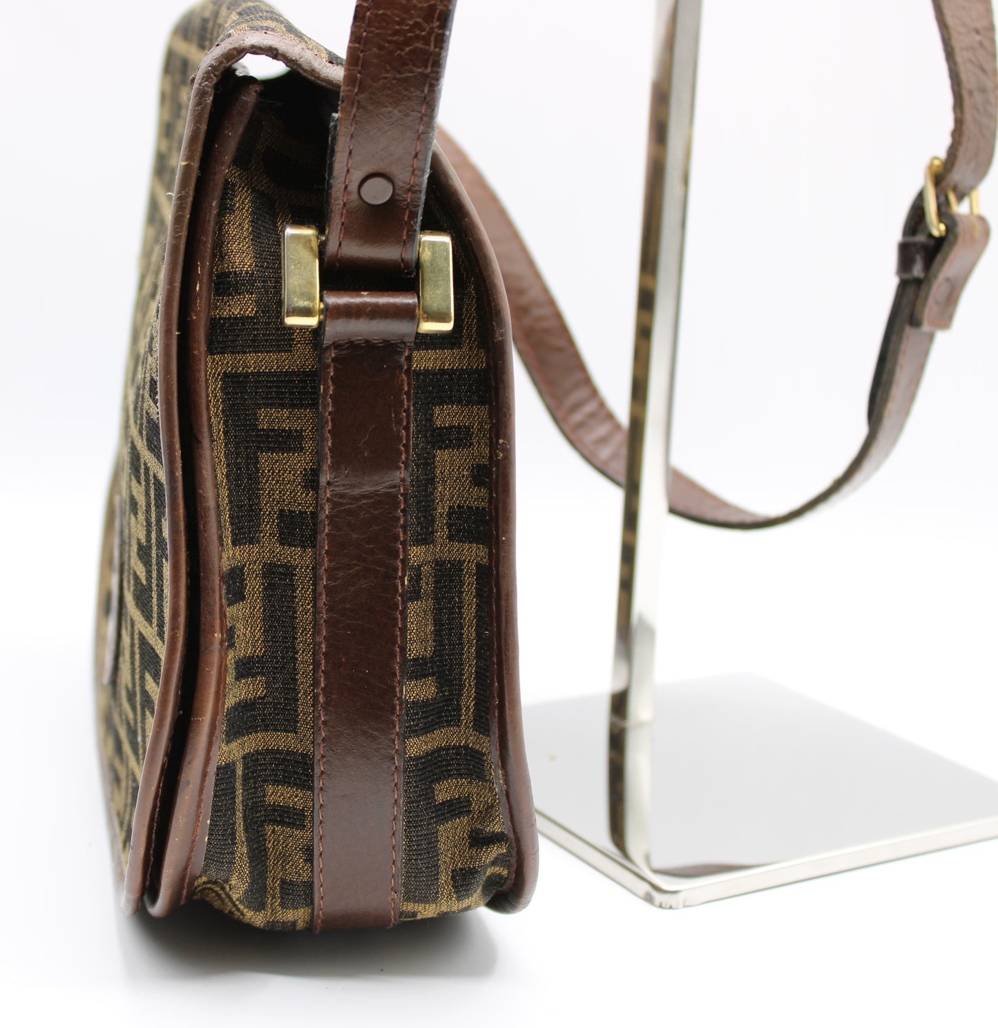 Fendi Bag Double F Brown Cloth Leather Trim Crossbody Vintage