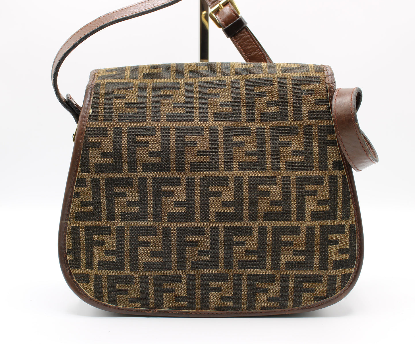 Fendi Double F Brown Cloth Leather Trim Crossbody Bag back