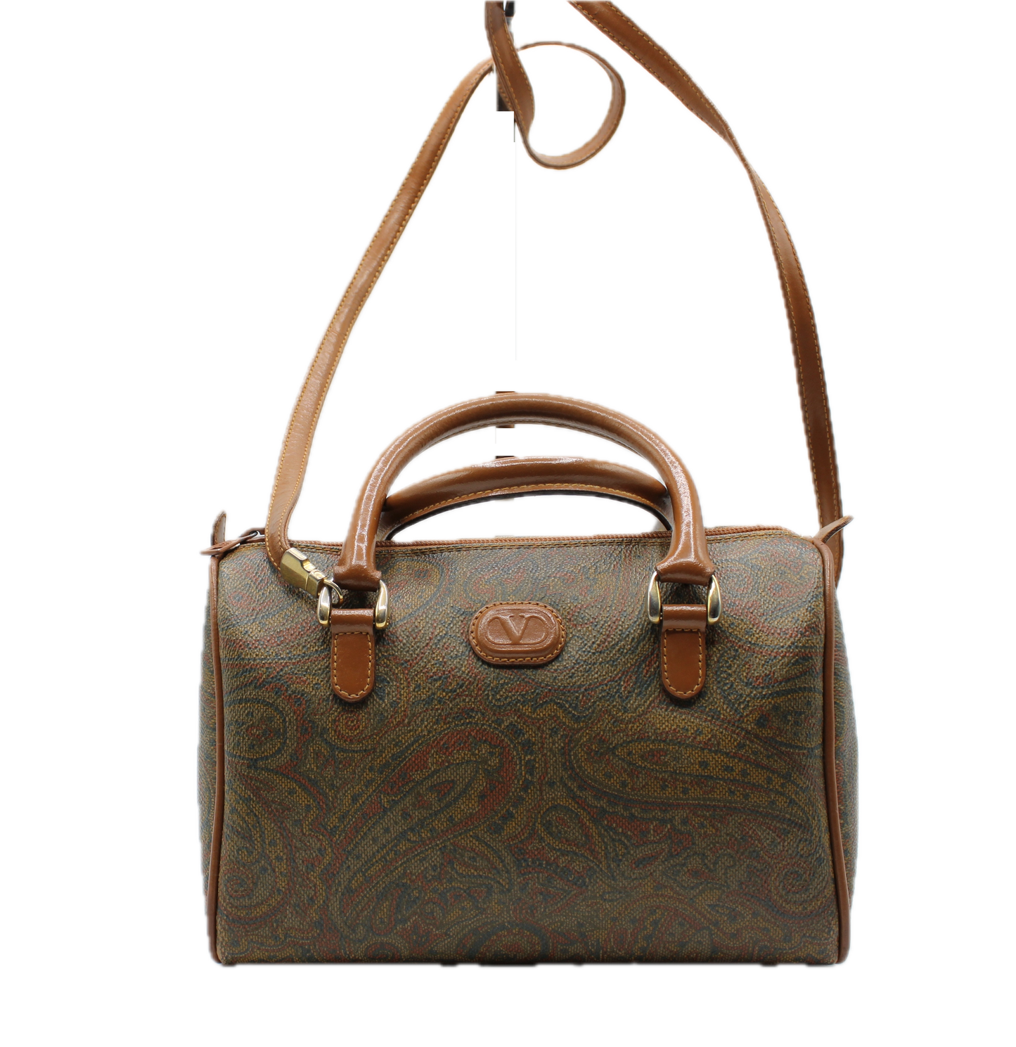 Valentino Garavani Small Boston Bag with Paisley Pattern and Tan Leather Trim front view