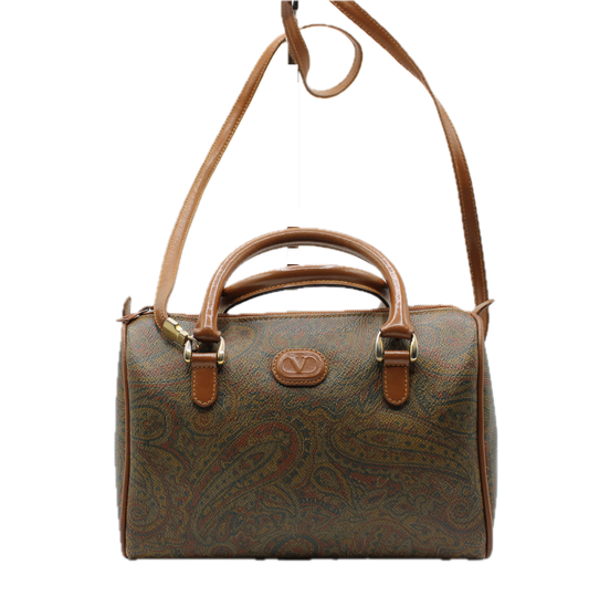 Valentino Garavani Small Boston Bag with Paisley Pattern and Tan Leather Trim front view