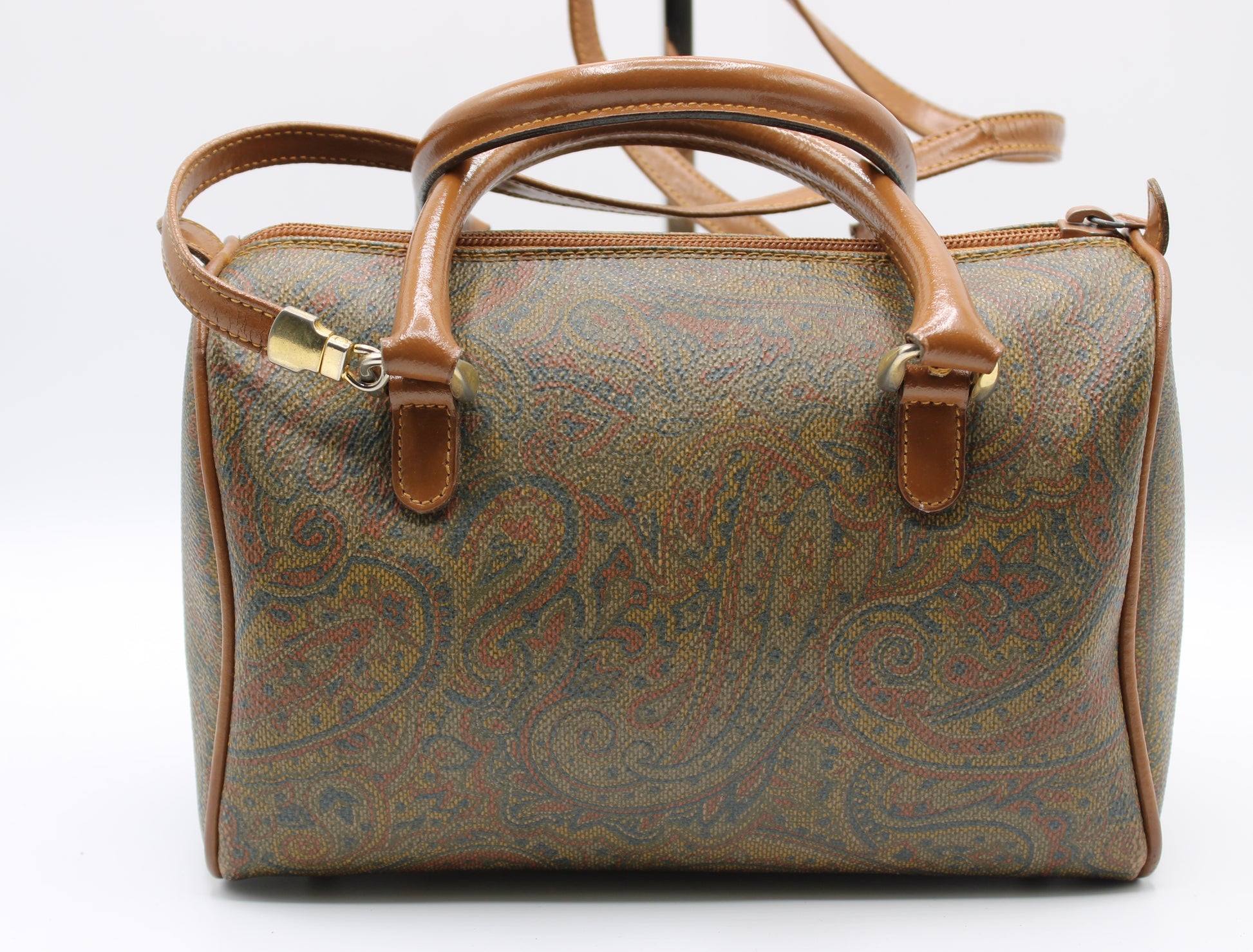 Valentino Garavani Small Boston Bag with Paisley Pattern and Tan Leather Trim back view