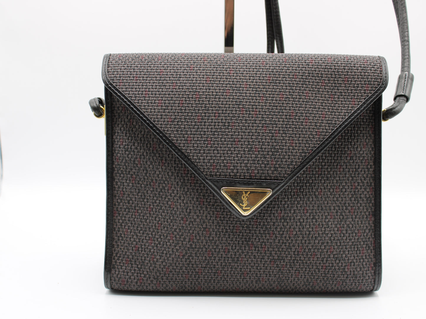 Yves Saint Laurent Crossbody Bag Double Flap Design Black Fabric Canvas Leather Vintage
