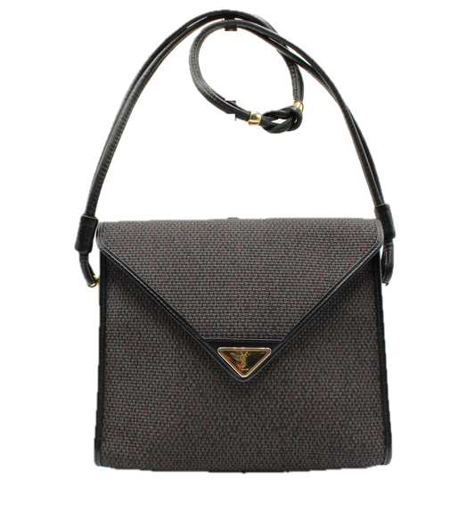 Yves Saint Laurent Crossbody Bag with Double Flap Design Black Fabric Canvas Leather