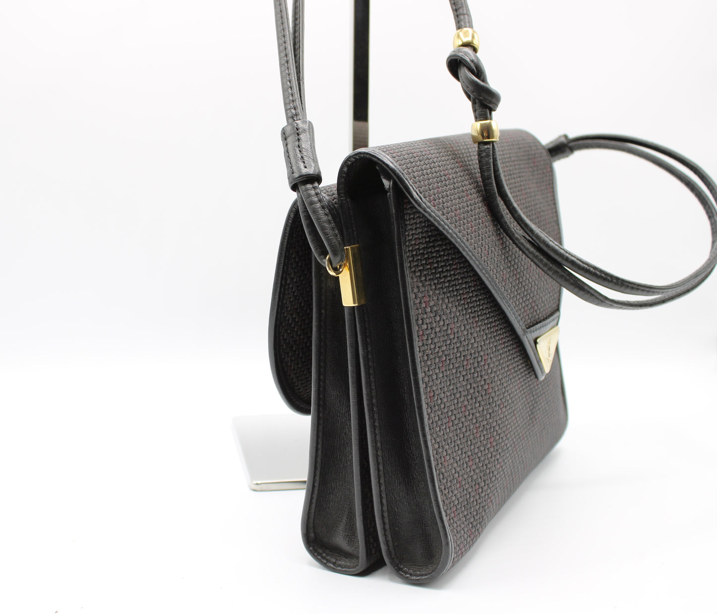 Yves Saint Laurent Crossbody Bag Double Flap Design Black Fabric Canvas Leather Vintage