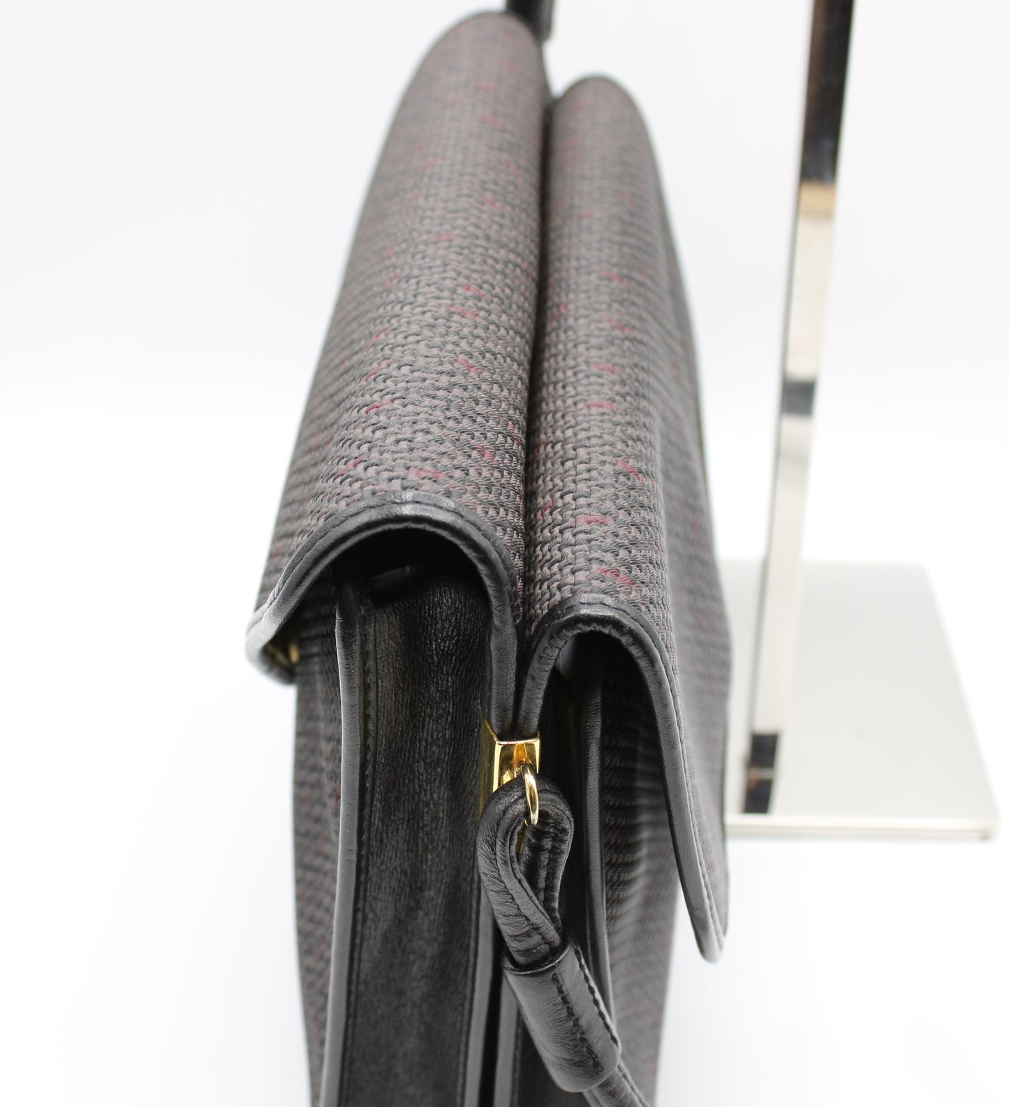 Yves Saint Laurent Crossbody Bag Double Flap Design Black Fabric Canvas Leather Vintage