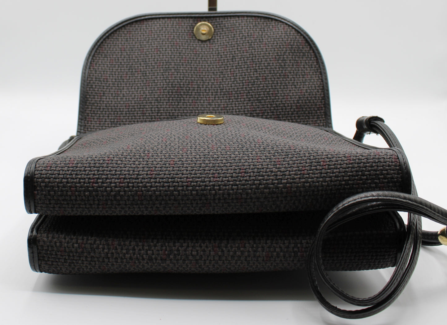 Yves Saint Laurent Crossbody Bag Double Flap Design Black Fabric Canvas Leather Vintage