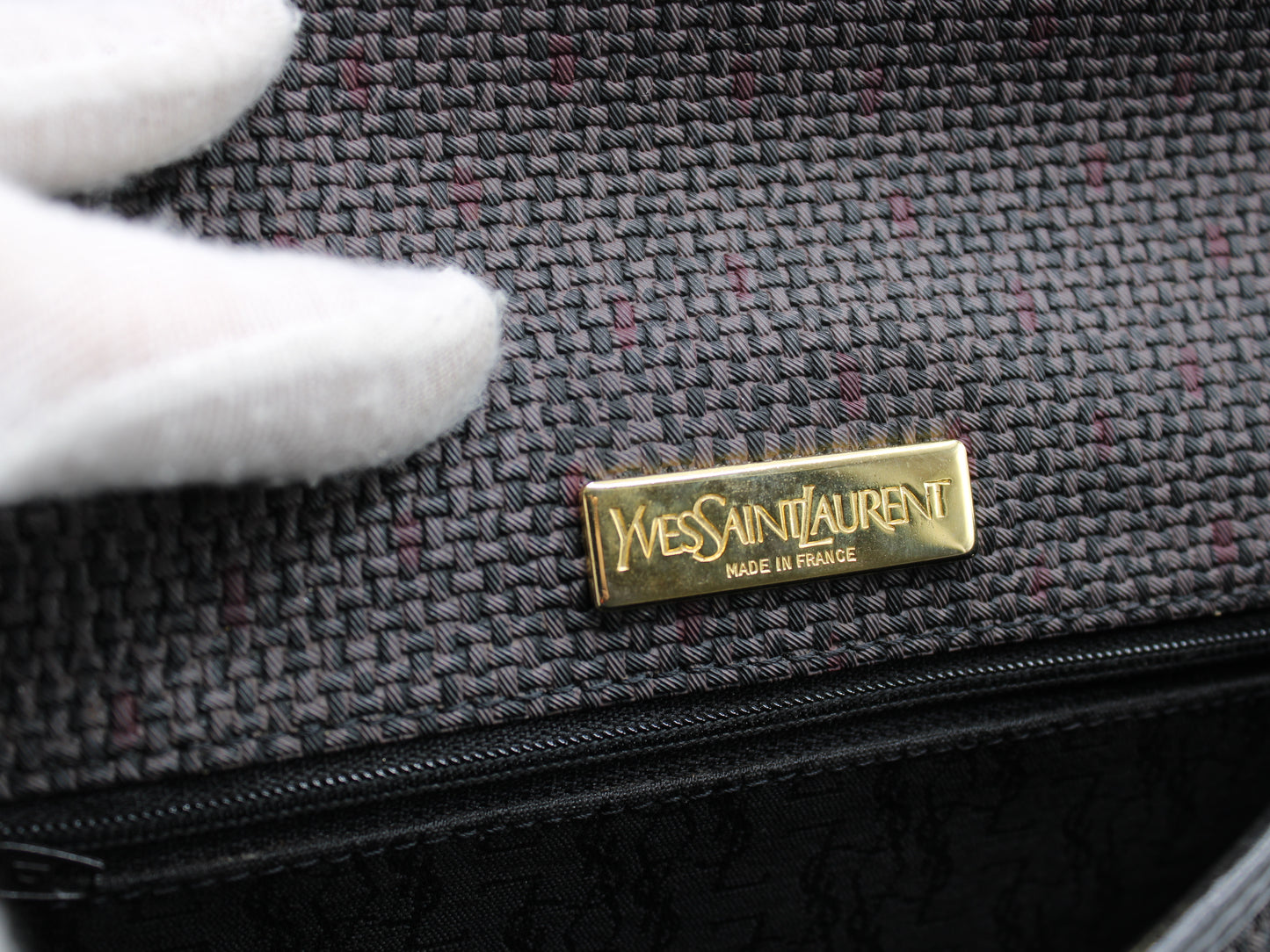 Yves Saint Laurent Crossbody Bag Double Flap Design Black Fabric Canvas Leather Vintage