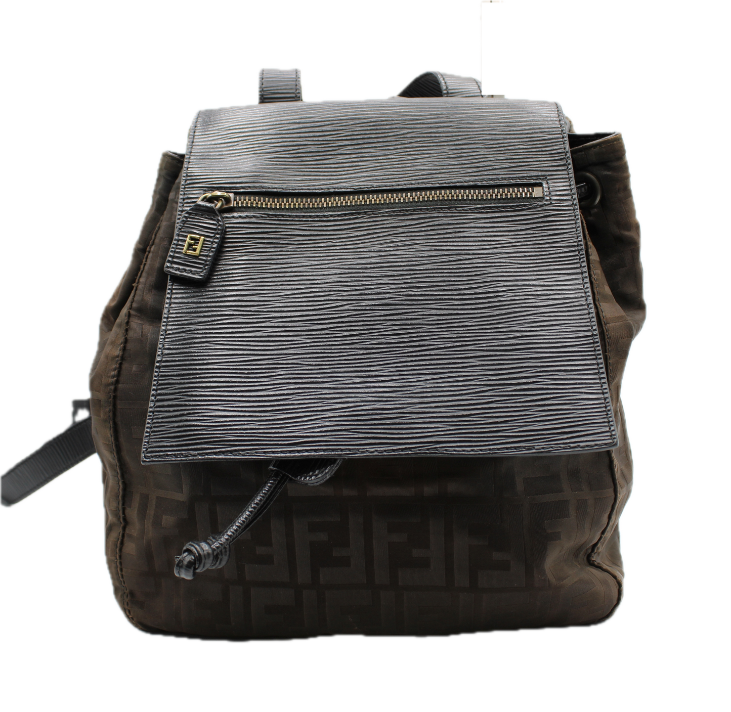 Fendi Zucca Pattern Backpack Textured Leather Flap compact front view