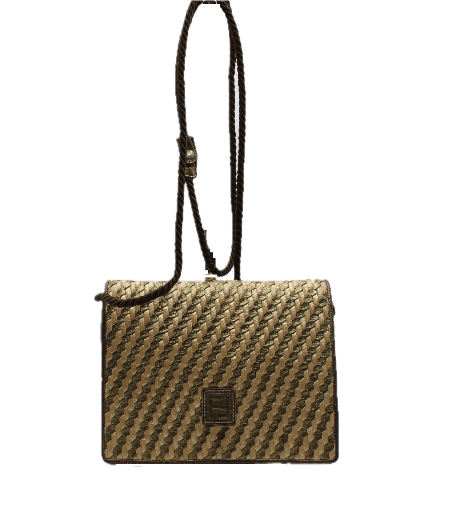 Fendi Gold Tone Leather Crossbody Bag Clutch Braided FF Logo front view