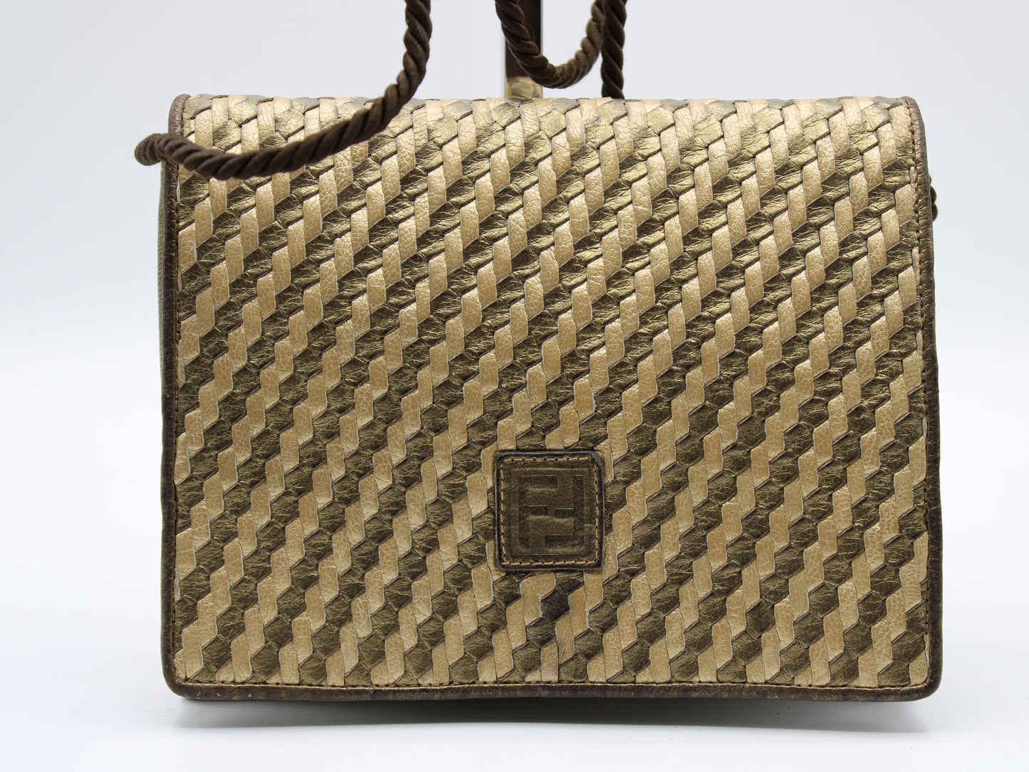 Fendi Bag Gold Tone Braided Leather Crossbody FF Logo Vintage