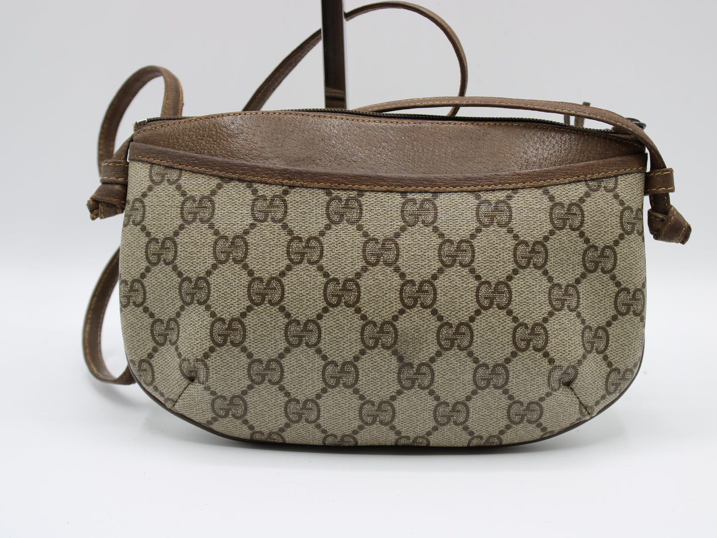 Gucci GG Supreme Monogram Canvas Leather Crossbody Pochette Bag Brown back view