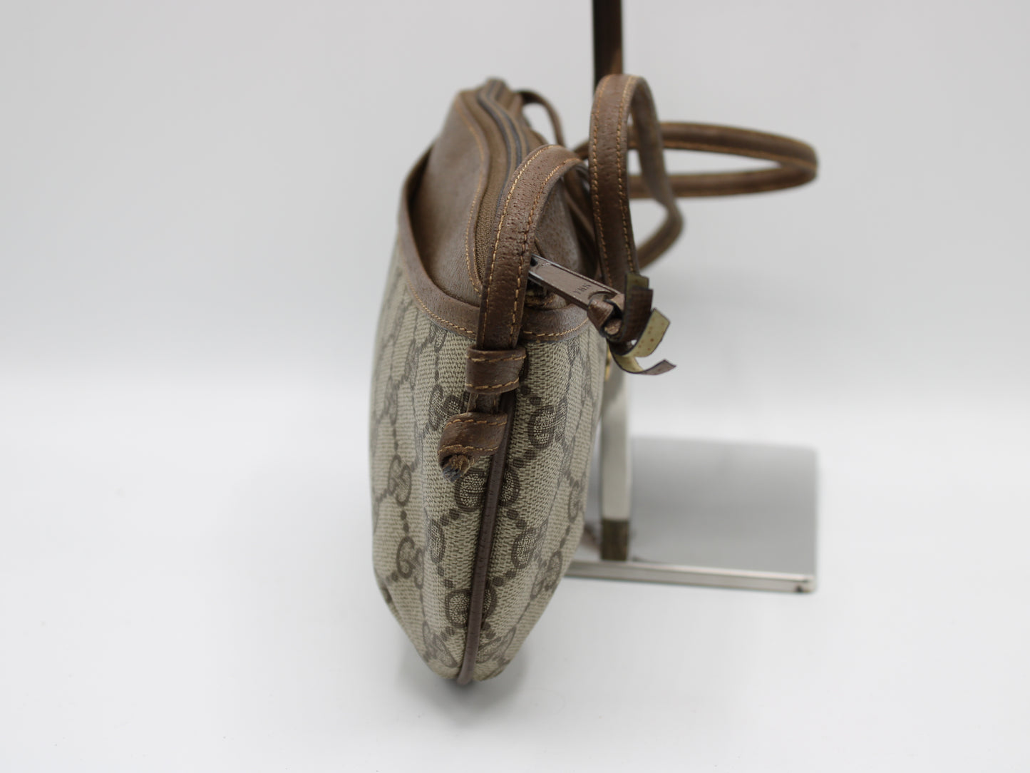 Gucci GG Supreme Monogram Canvas Leather Crossbody Pochette Bag Brown side view