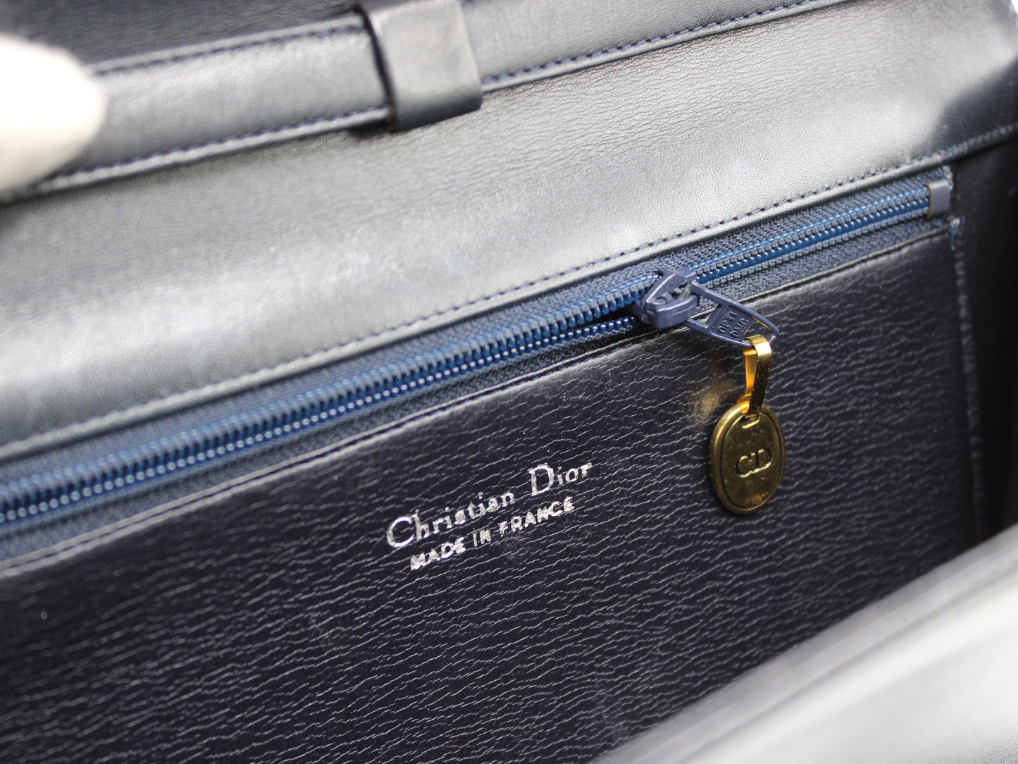 Christian Dior Navy Leather Crossbody Bag with 3D Logo Lock Vintage