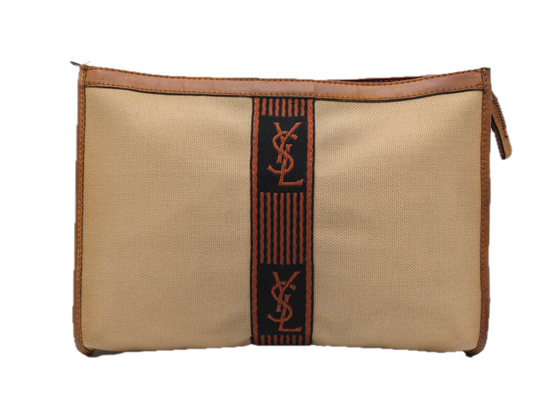 Yves Saint Laurent Cloth Clutch with Leather Trimming and Iconic Logo front view