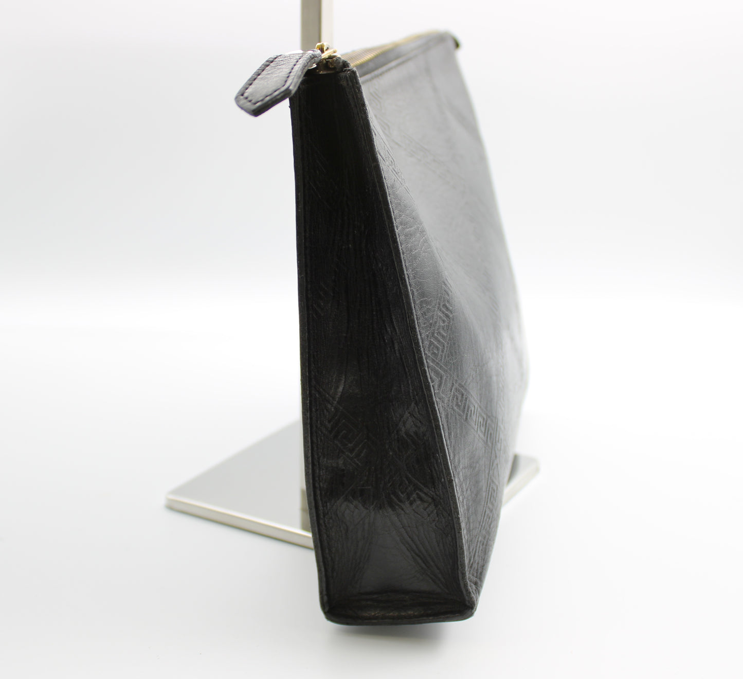 Yves Saint Laurent Clutch Black Leather Pouch Geometric Embossing YSL Vintage