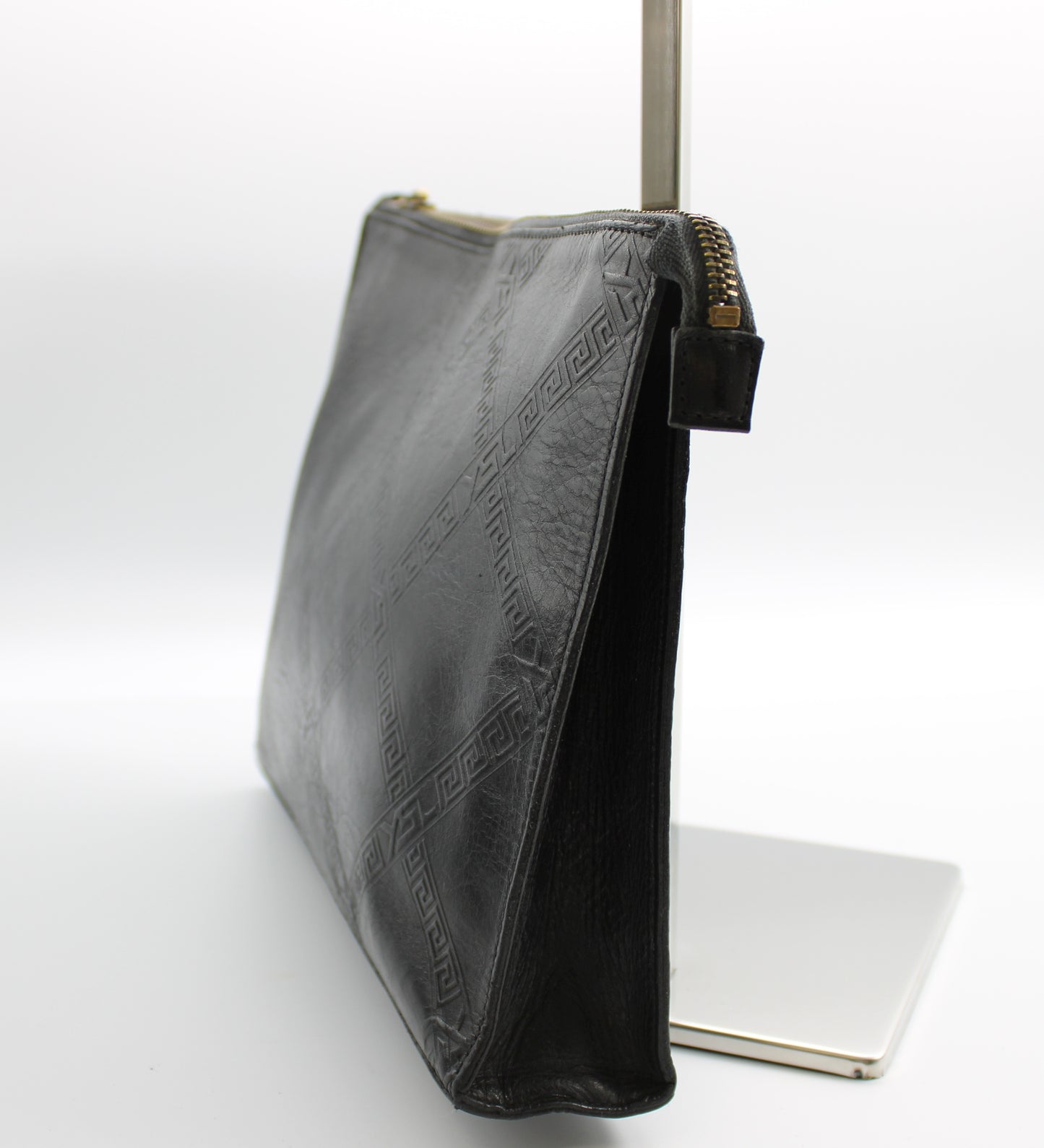 Yves Saint Laurent Clutch Black Leather Pouch Geometric Embossing YSL Vintage