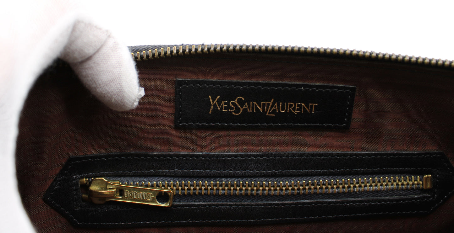 Yves Saint Laurent Black Leather Clutch Pouch Geometric Embossing YSL label view