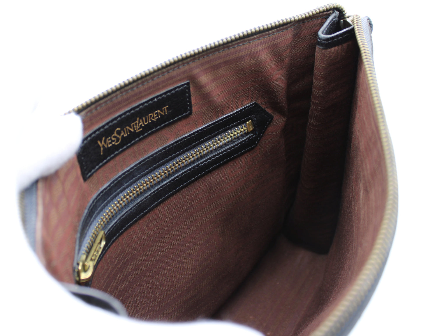 Yves Saint Laurent Black Leather Clutch Pouch Geometric Embossing YSL open view