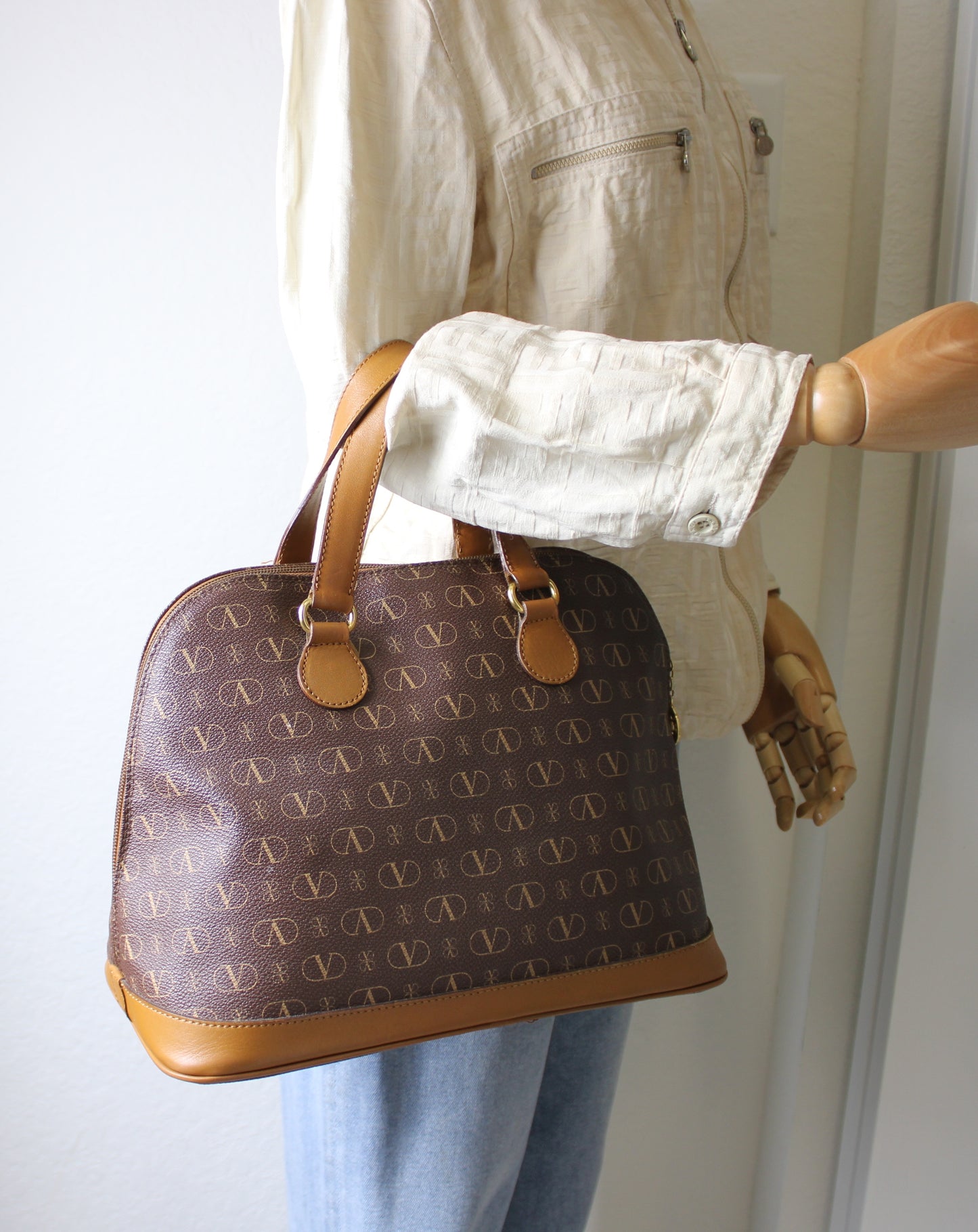 Valentino Garavani Leather Handbag with V Logo Monogram Valentino Charm shoulder view