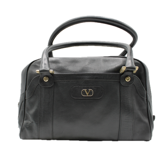 Vintage Valentino Boston Bag in Black Leather with V Logo front view