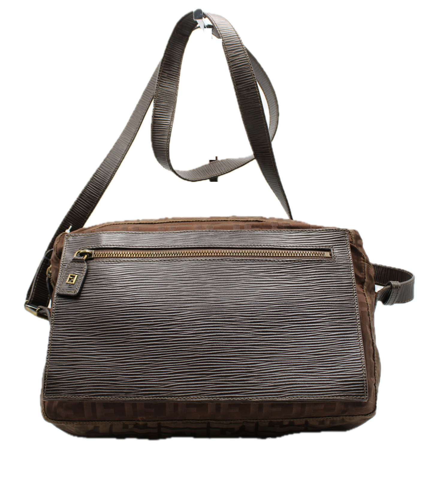 Fendi Zucca FF Messenger Bag with Leather Accents Flap Design Vintage front view