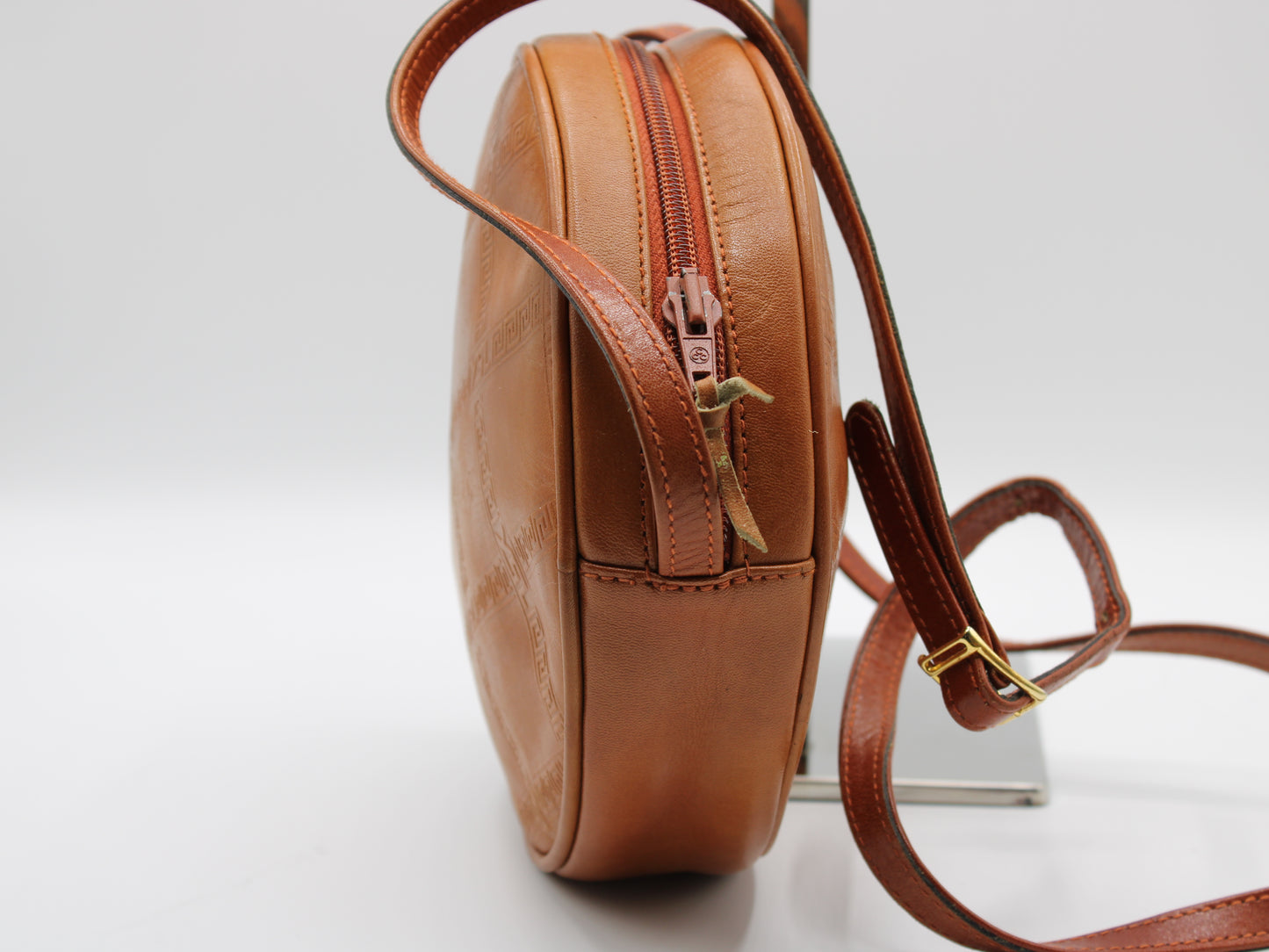 Yves Saint Laurent Bag Brown Leather Crossbody Embossed Round Vintage