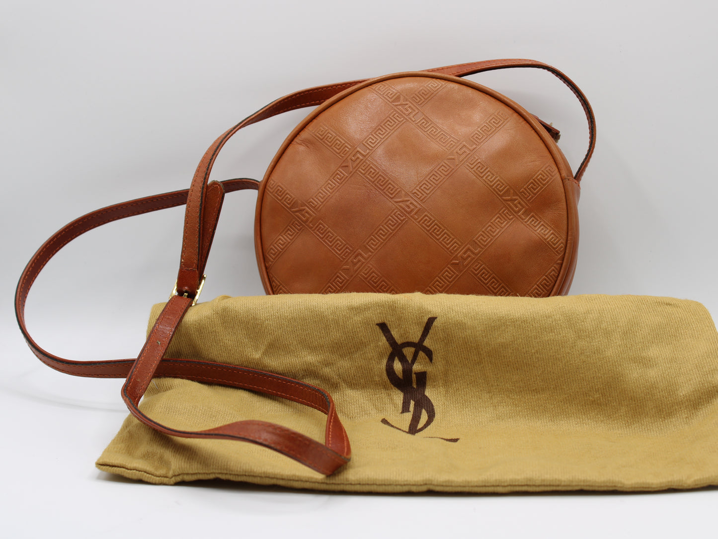 Yves Saint Laurent Bag Brown Leather Crossbody Embossed Round Vintage
