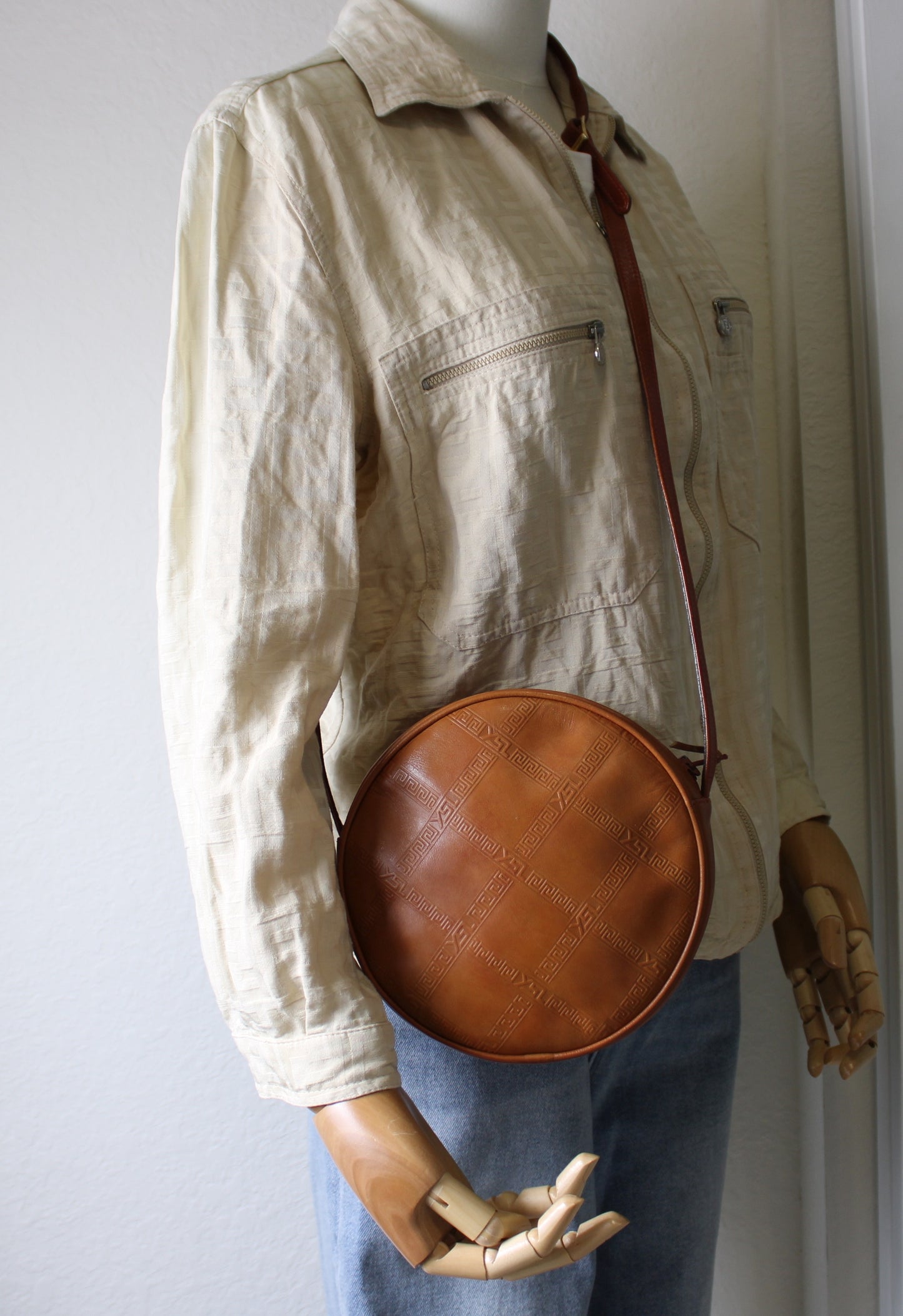 Yves Saint Laurent Bag Brown Leather Crossbody Embossed Round Vintage