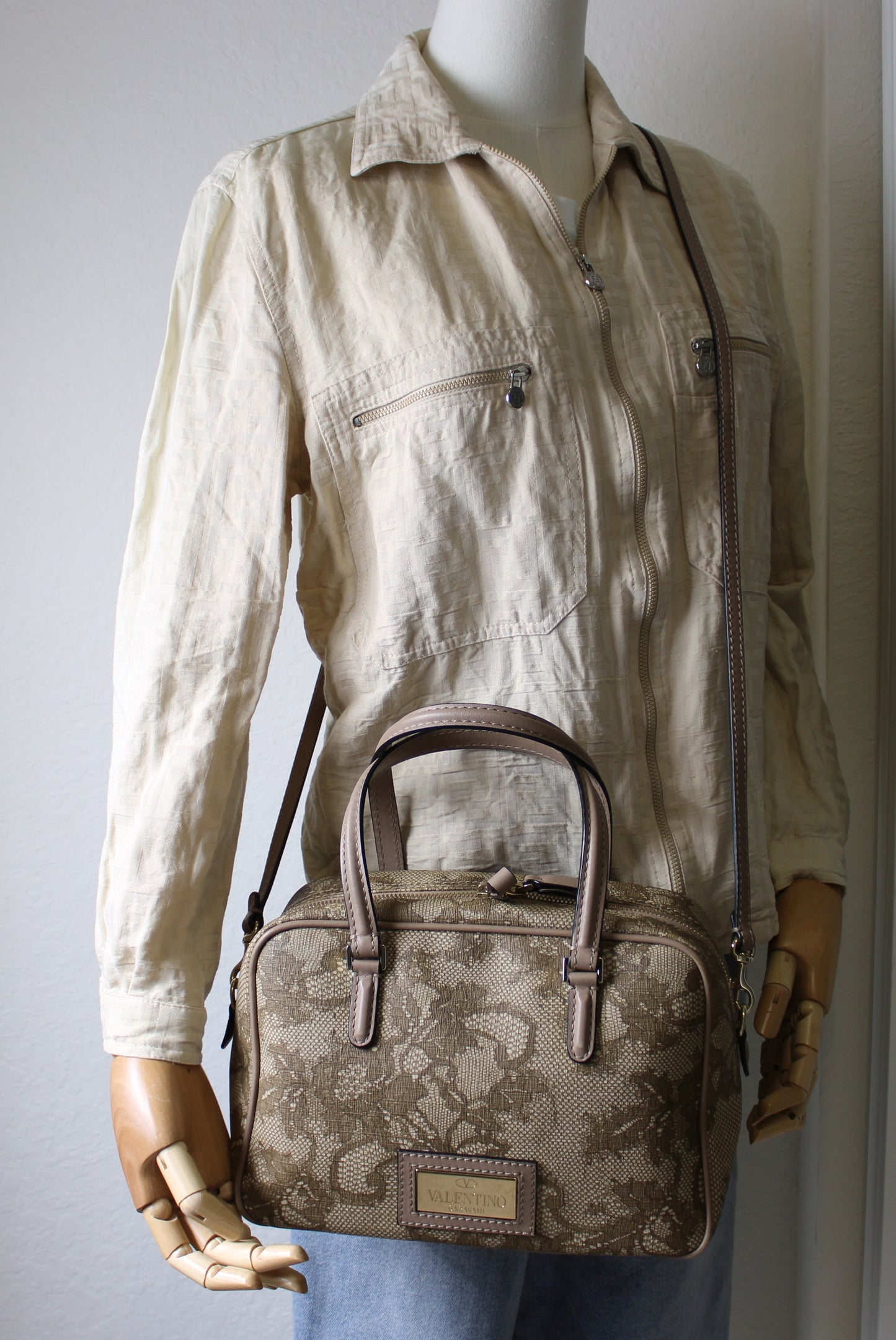 Valentino Garavani Lace Crossbody Bag Beige on shoulder