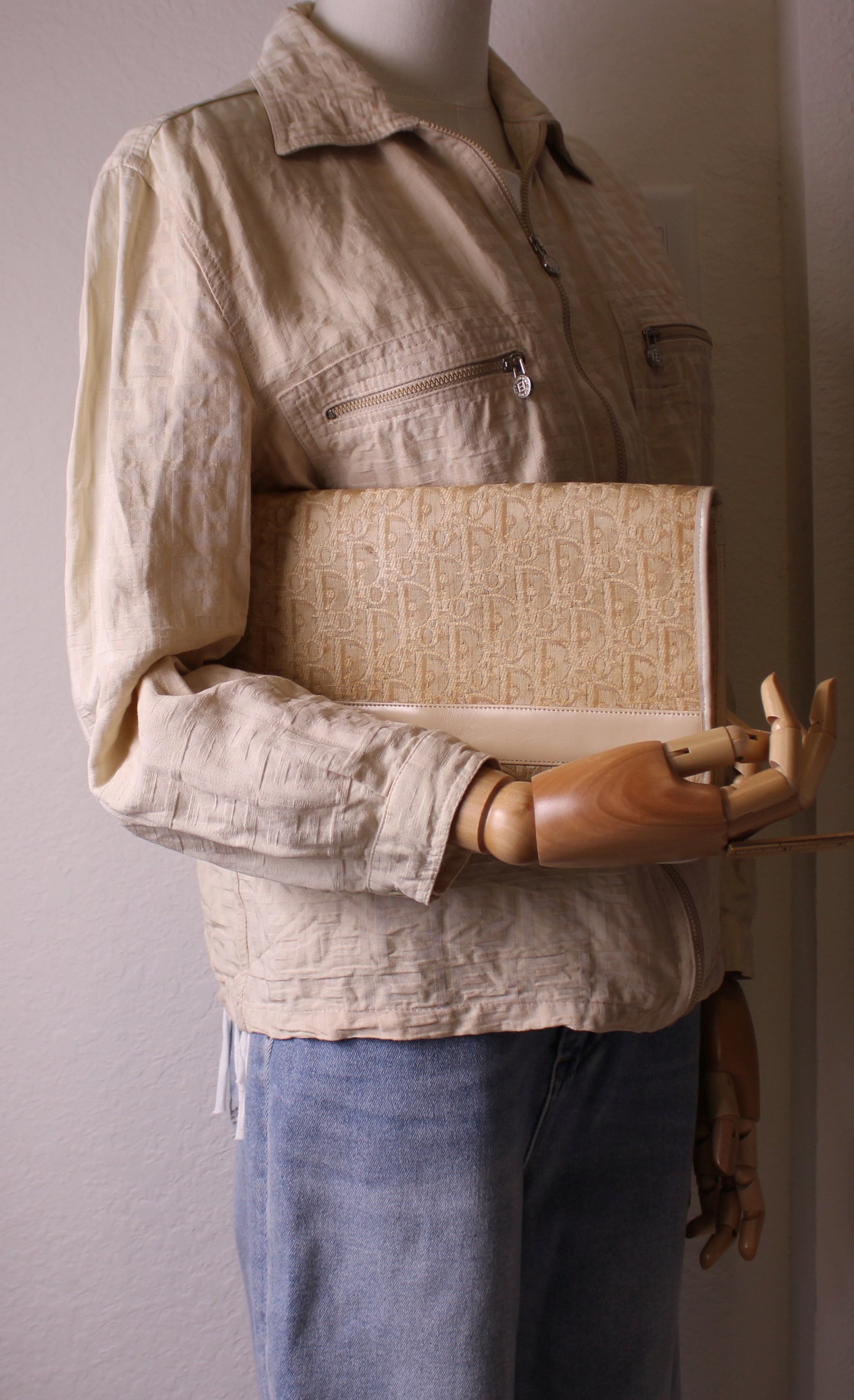 Christian Dior Monogram Canvas Clutch Bag Beige arm view