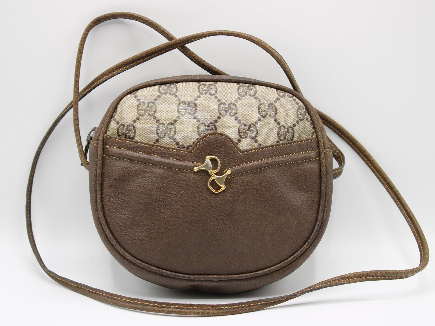 Gucci Horsebit 1955 Shoulder Bag Brown Leather GG Pattern Vintage