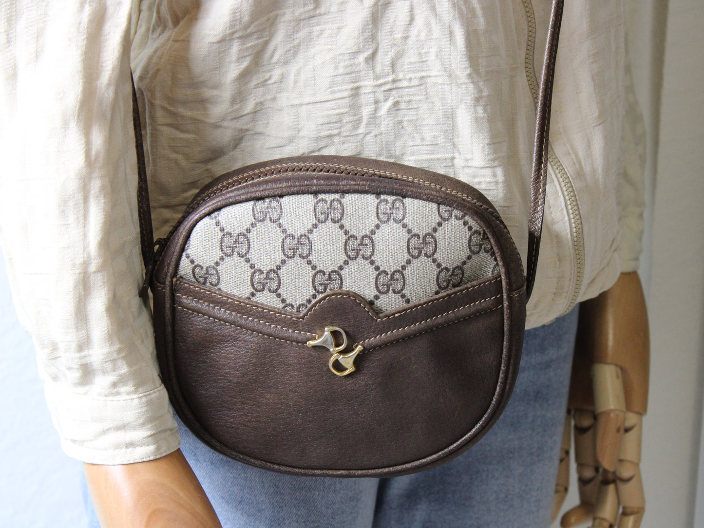 Gucci Horsebit 1955 Shoulder Bag Brown Leather GG Pattern Vintage