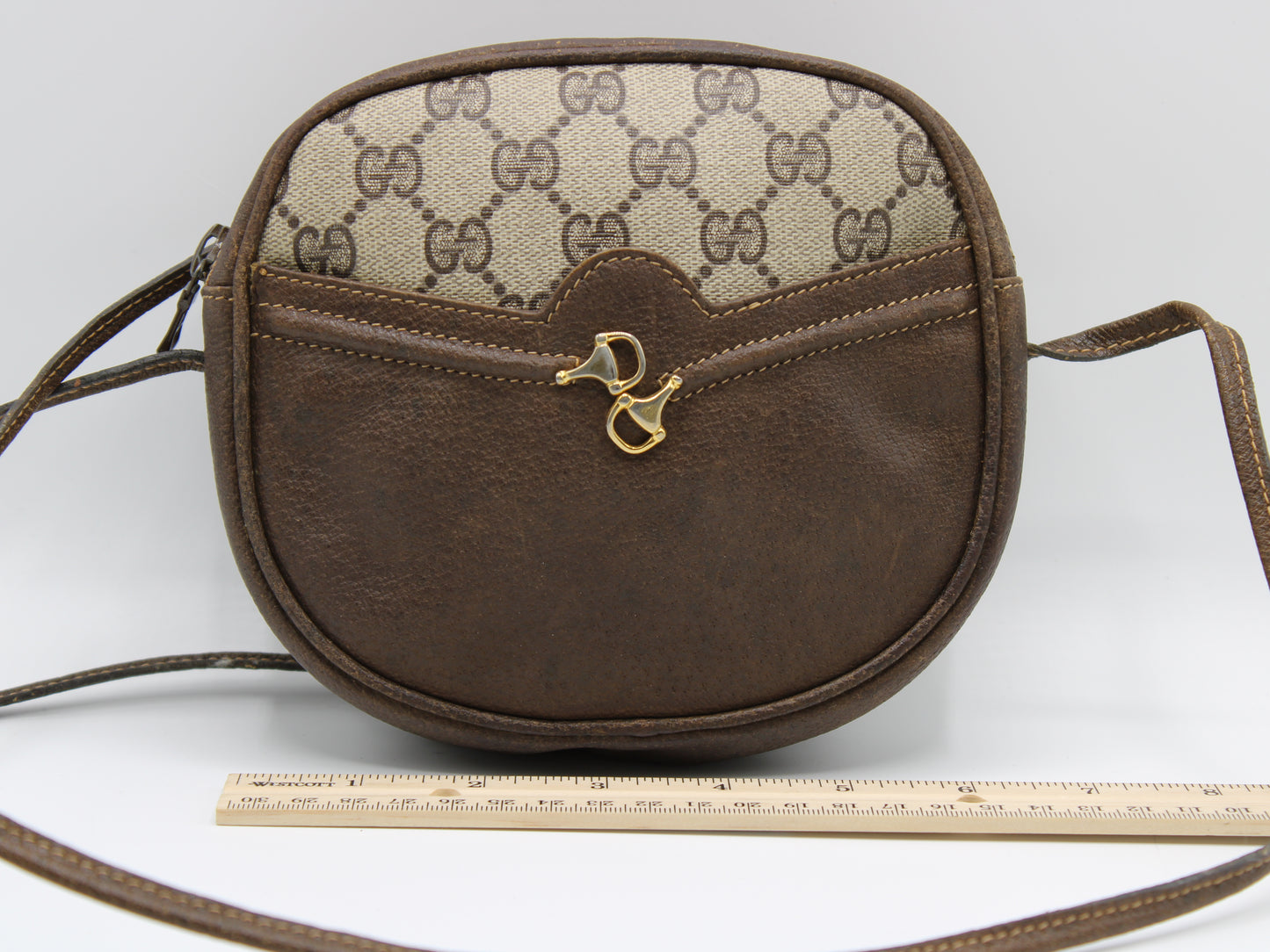 Gucci Horsebit 1955 Shoulder Bag Brown Leather GG Pattern Vintage