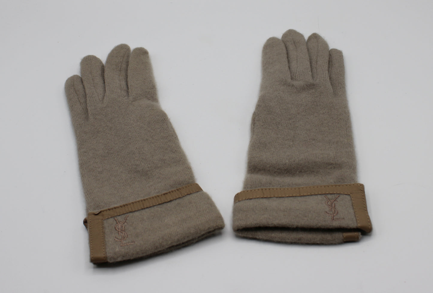 Yves Saint Laurent Gloves Wool Leather Trimming YSL Logo Vintage