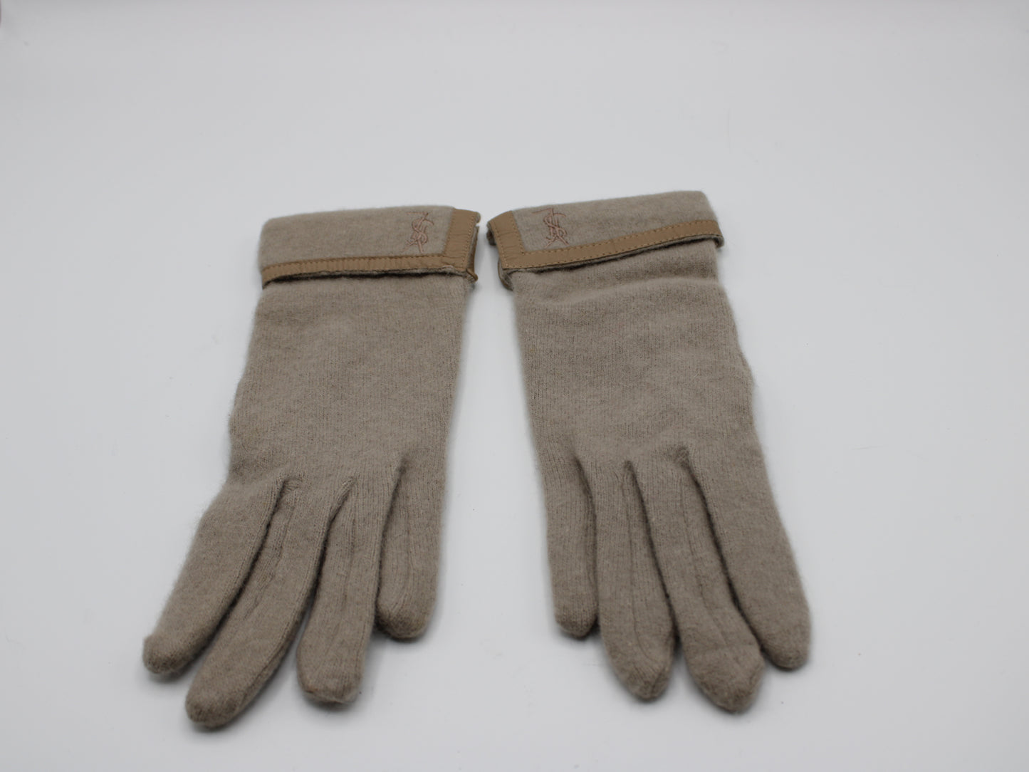 Yves Saint Laurent Gloves Wool Leather Trimming YSL Logo Vintage