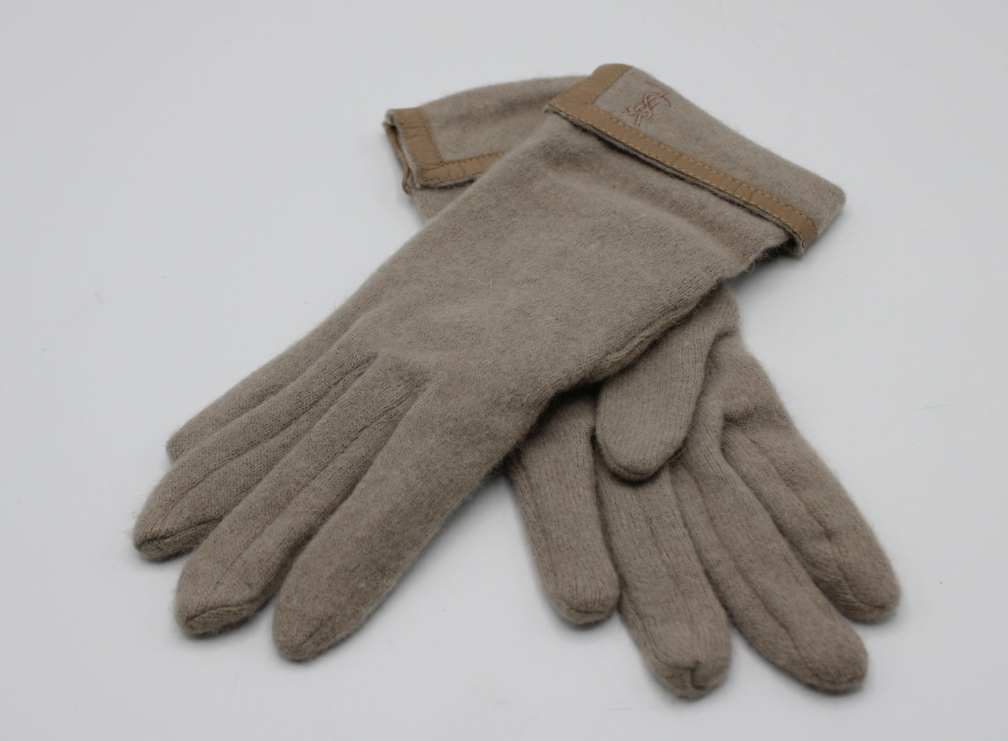 Yves Saint Laurent Gloves Wool Leather Trimming YSL Logo Vintage