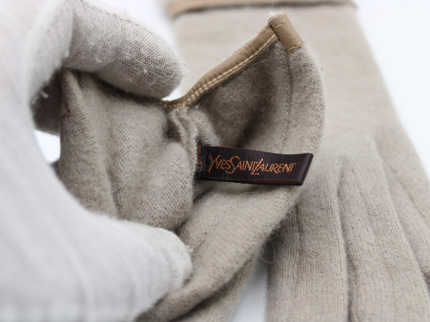 Yves Saint Laurent Gloves Wool Leather Trimming YSL Logo Vintage