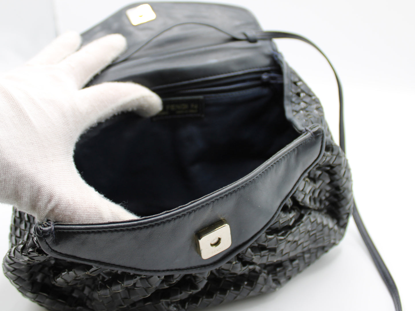 Fendi Bag Woven Leather Crossbody FF Logo Black Vintage
